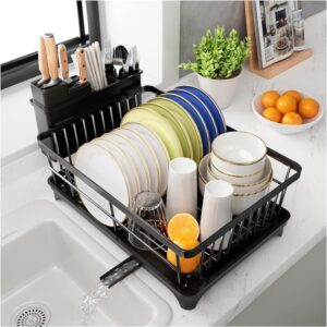 Dish Drainer Rack - Space-Saving Dish Rack with Utensil Holder for Kitchen Counter, Large Capacity Dish Drying Rack with Draining Board, Black